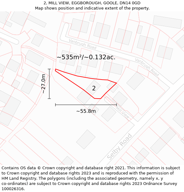 2, MILL VIEW, EGGBOROUGH, GOOLE, DN14 0GD: Plot and title map