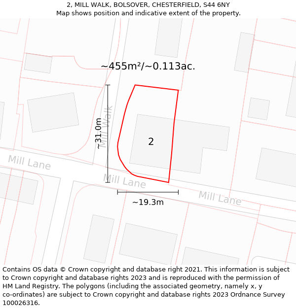 2, MILL WALK, BOLSOVER, CHESTERFIELD, S44 6NY: Plot and title map