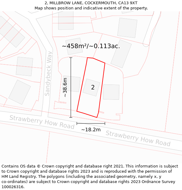 2, MILLBROW LANE, COCKERMOUTH, CA13 9XT: Plot and title map