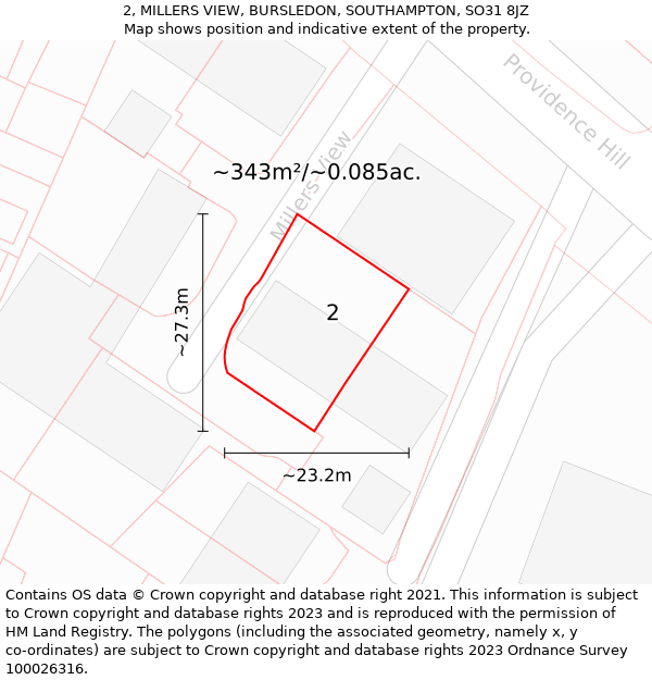 2, MILLERS VIEW, BURSLEDON, SOUTHAMPTON, SO31 8JZ: Plot and title map