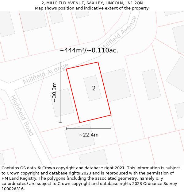 2, MILLFIELD AVENUE, SAXILBY, LINCOLN, LN1 2QN: Plot and title map