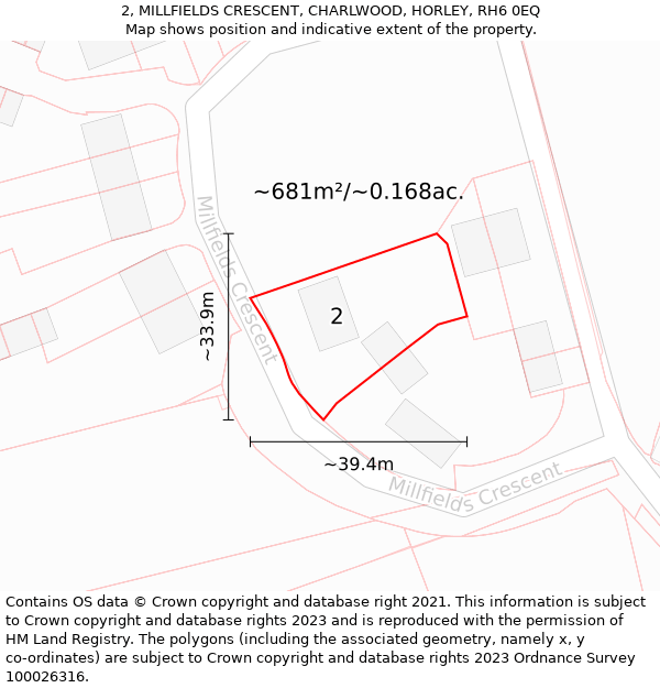 2, MILLFIELDS CRESCENT, CHARLWOOD, HORLEY, RH6 0EQ: Plot and title map