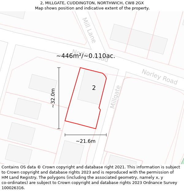 2, MILLGATE, CUDDINGTON, NORTHWICH, CW8 2GX: Plot and title map