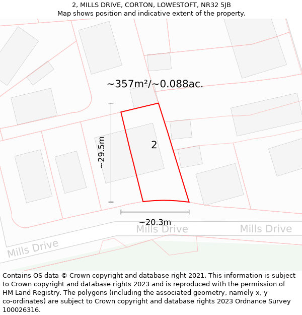 2, MILLS DRIVE, CORTON, LOWESTOFT, NR32 5JB: Plot and title map