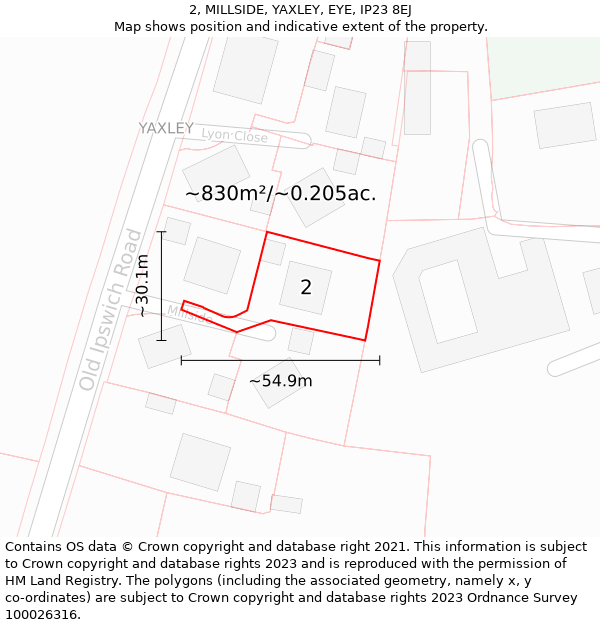 2, MILLSIDE, YAXLEY, EYE, IP23 8EJ: Plot and title map