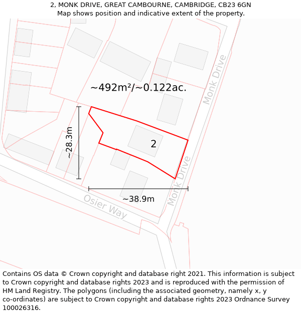 2, MONK DRIVE, GREAT CAMBOURNE, CAMBRIDGE, CB23 6GN: Plot and title map