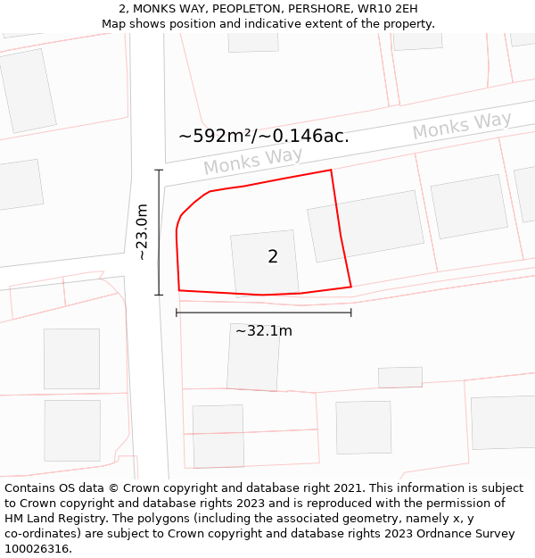 2, MONKS WAY, PEOPLETON, PERSHORE, WR10 2EH: Plot and title map