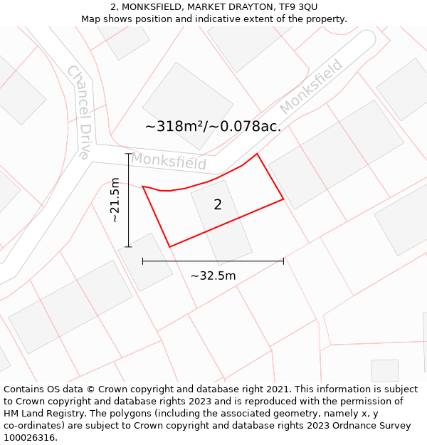 2, MONKSFIELD, MARKET DRAYTON, TF9 3QU: Plot and title map