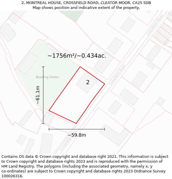 2, MONTREAL HOUSE, CROSSFIELD ROAD, CLEATOR MOOR, CA25 5DB: Plot and title map