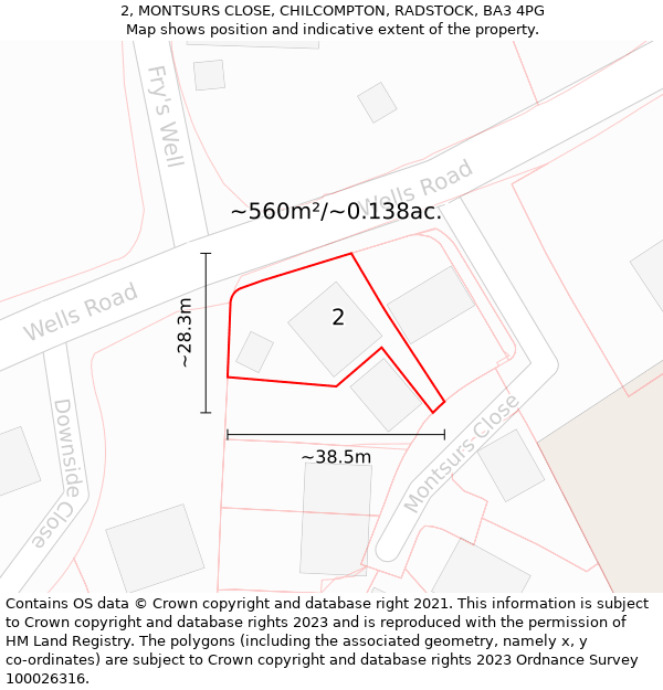 2, MONTSURS CLOSE, CHILCOMPTON, RADSTOCK, BA3 4PG: Plot and title map