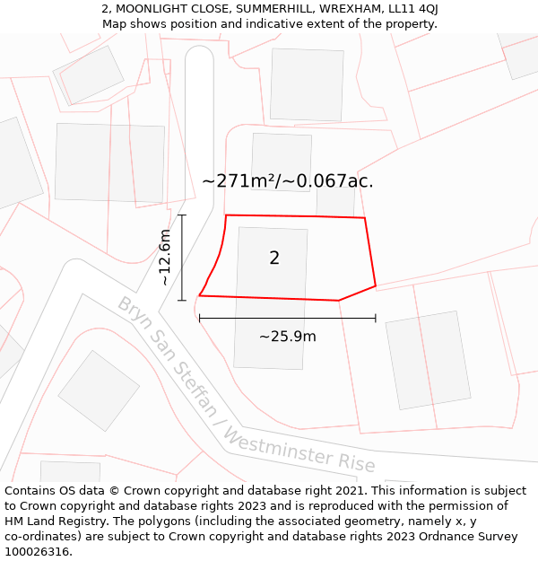 2, MOONLIGHT CLOSE, SUMMERHILL, WREXHAM, LL11 4QJ: Plot and title map