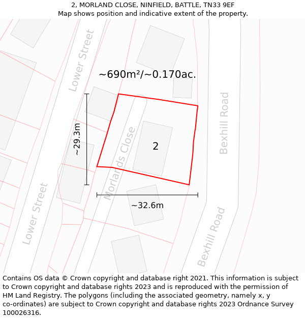 2, MORLAND CLOSE, NINFIELD, BATTLE, TN33 9EF: Plot and title map