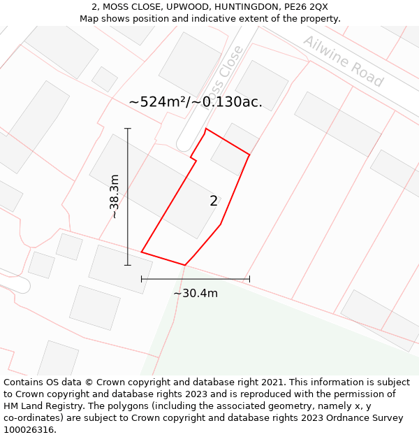 2, MOSS CLOSE, UPWOOD, HUNTINGDON, PE26 2QX: Plot and title map