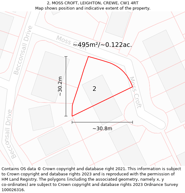 2, MOSS CROFT, LEIGHTON, CREWE, CW1 4RT: Plot and title map