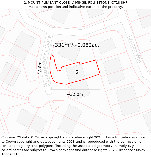 2, MOUNT PLEASANT CLOSE, LYMINGE, FOLKESTONE, CT18 8HF: Plot and title map