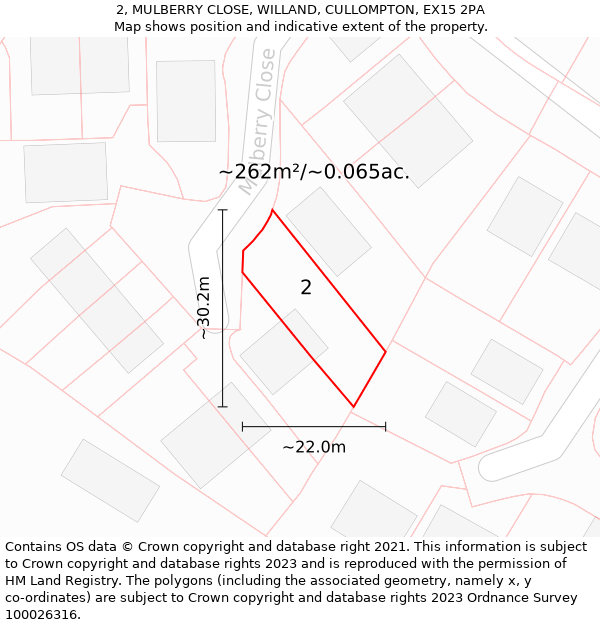 2, MULBERRY CLOSE, WILLAND, CULLOMPTON, EX15 2PA: Plot and title map