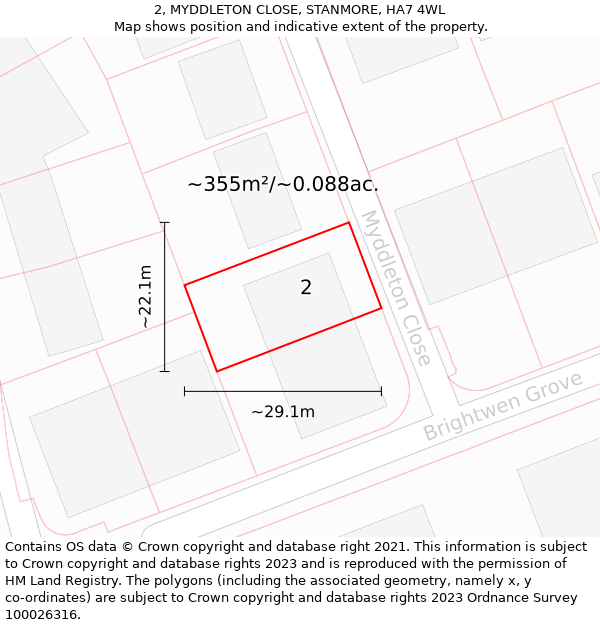 2, MYDDLETON CLOSE, STANMORE, HA7 4WL: Plot and title map