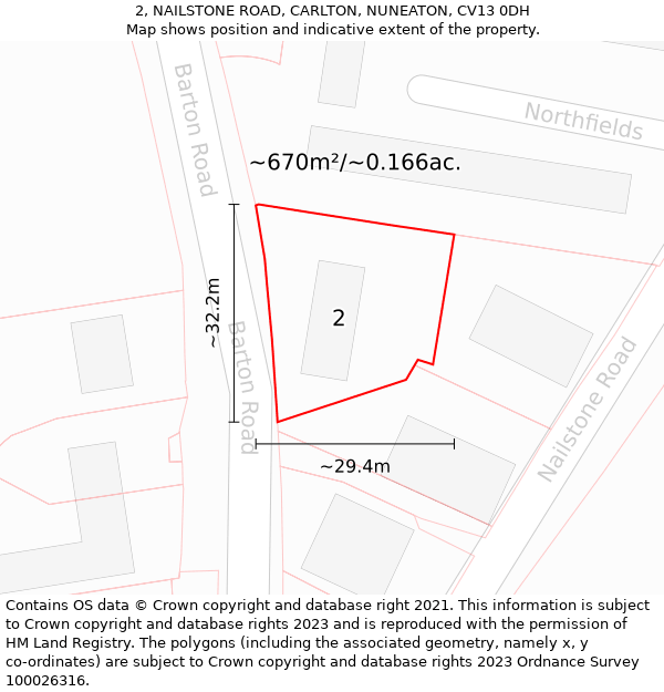 2, NAILSTONE ROAD, CARLTON, NUNEATON, CV13 0DH: Plot and title map