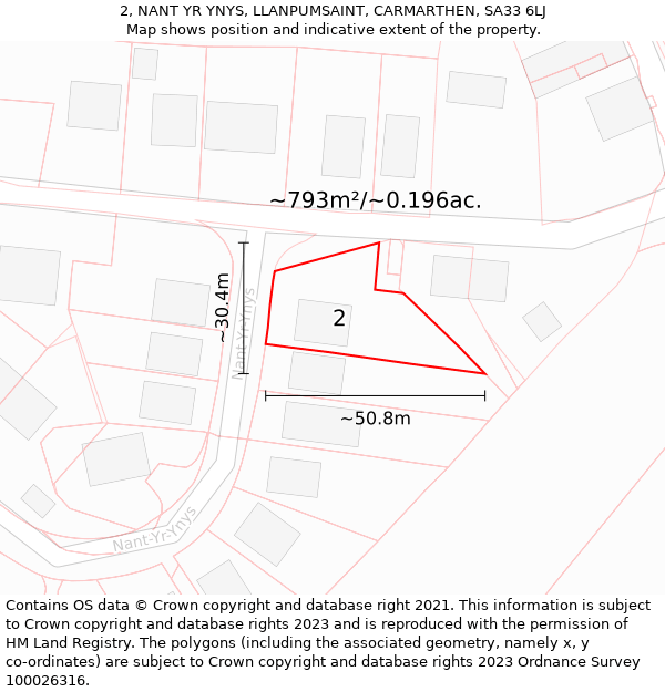 2, NANT YR YNYS, LLANPUMSAINT, CARMARTHEN, SA33 6LJ: Plot and title map