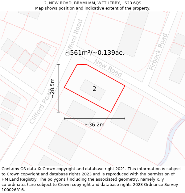 2, NEW ROAD, BRAMHAM, WETHERBY, LS23 6QS: Plot and title map