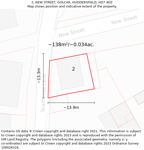 2, NEW STREET, GOLCAR, HUDDERSFIELD, HD7 4DZ: Plot and title map