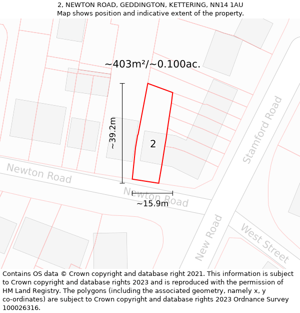 2, NEWTON ROAD, GEDDINGTON, KETTERING, NN14 1AU: Plot and title map