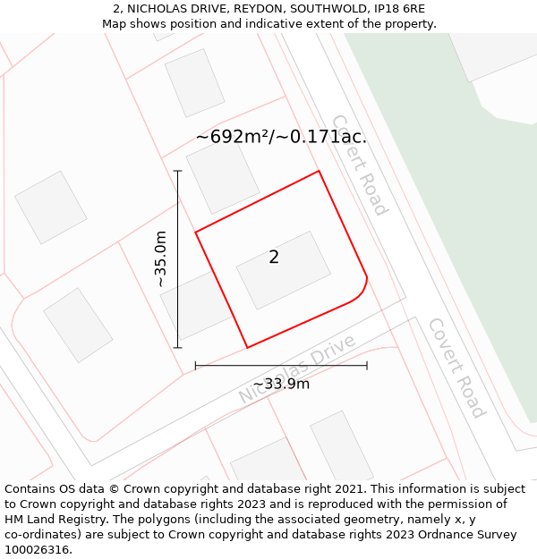 2, NICHOLAS DRIVE, REYDON, SOUTHWOLD, IP18 6RE: Plot and title map