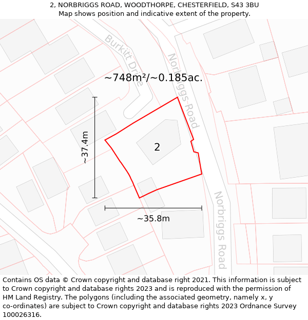 2, NORBRIGGS ROAD, WOODTHORPE, CHESTERFIELD, S43 3BU: Plot and title map