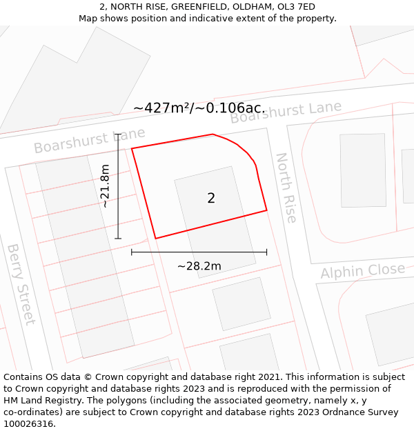 2, NORTH RISE, GREENFIELD, OLDHAM, OL3 7ED: Plot and title map