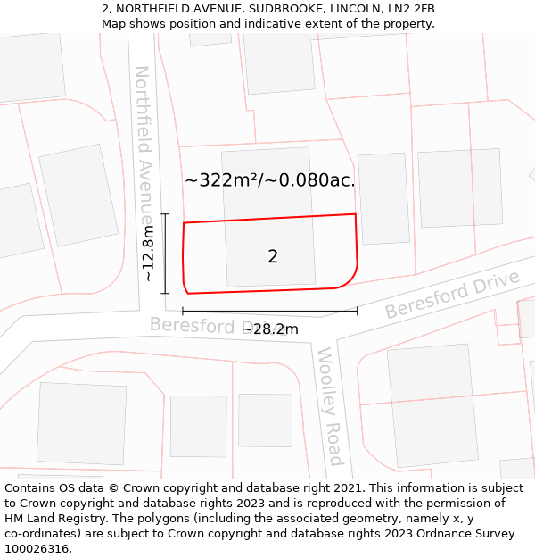 2, NORTHFIELD AVENUE, SUDBROOKE, LINCOLN, LN2 2FB: Plot and title map