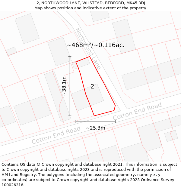 2, NORTHWOOD LANE, WILSTEAD, BEDFORD, MK45 3DJ: Plot and title map