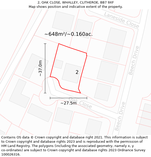 2, OAK CLOSE, WHALLEY, CLITHEROE, BB7 9XF: Plot and title map