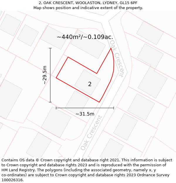 2, OAK CRESCENT, WOOLASTON, LYDNEY, GL15 6PF: Plot and title map