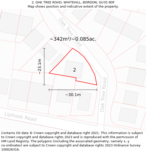 2, OAK TREE ROAD, WHITEHILL, BORDON, GU35 9DF: Plot and title map