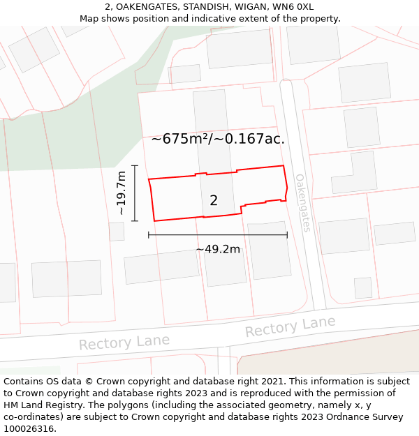 2, OAKENGATES, STANDISH, WIGAN, WN6 0XL: Plot and title map