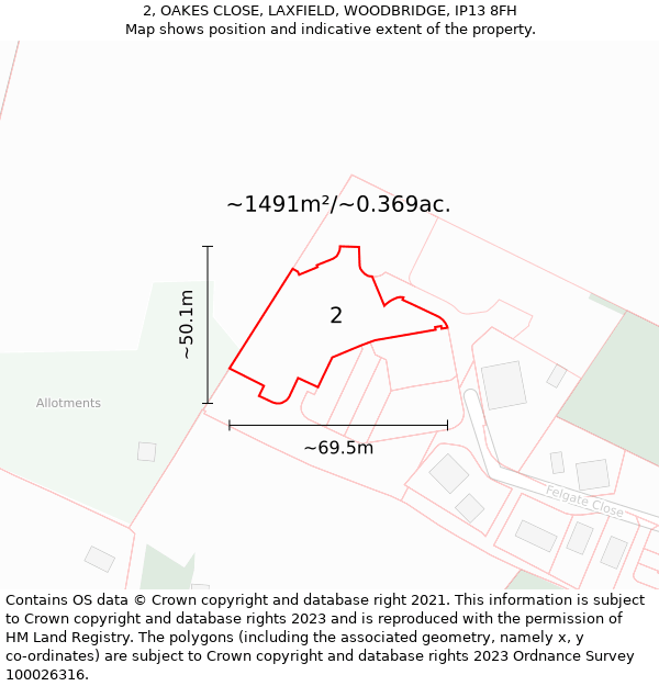 2, OAKES CLOSE, LAXFIELD, WOODBRIDGE, IP13 8FH: Plot and title map