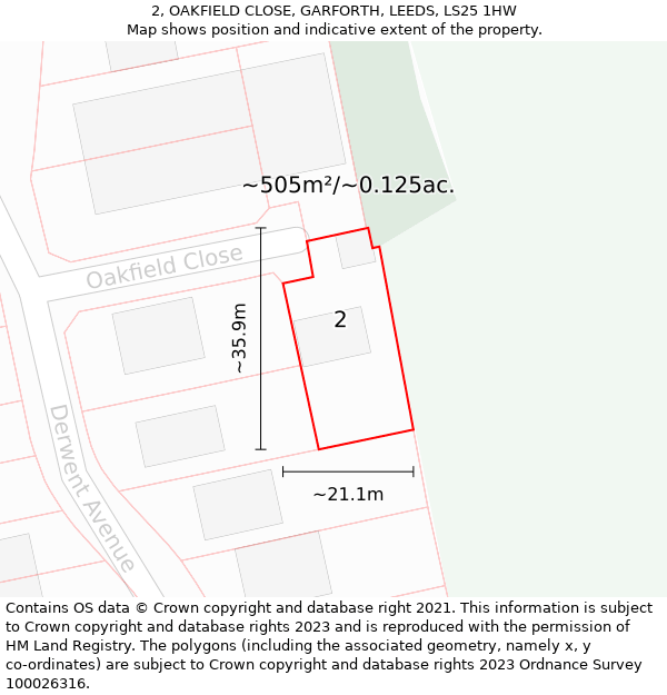 2, OAKFIELD CLOSE, GARFORTH, LEEDS, LS25 1HW: Plot and title map