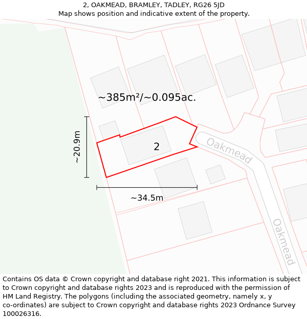 2, OAKMEAD, BRAMLEY, TADLEY, RG26 5JD: Plot and title map