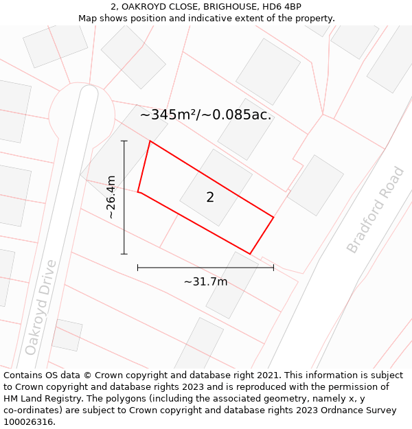 2, OAKROYD CLOSE, BRIGHOUSE, HD6 4BP: Plot and title map