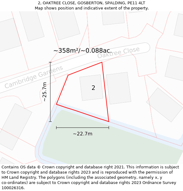 2, OAKTREE CLOSE, GOSBERTON, SPALDING, PE11 4LT: Plot and title map