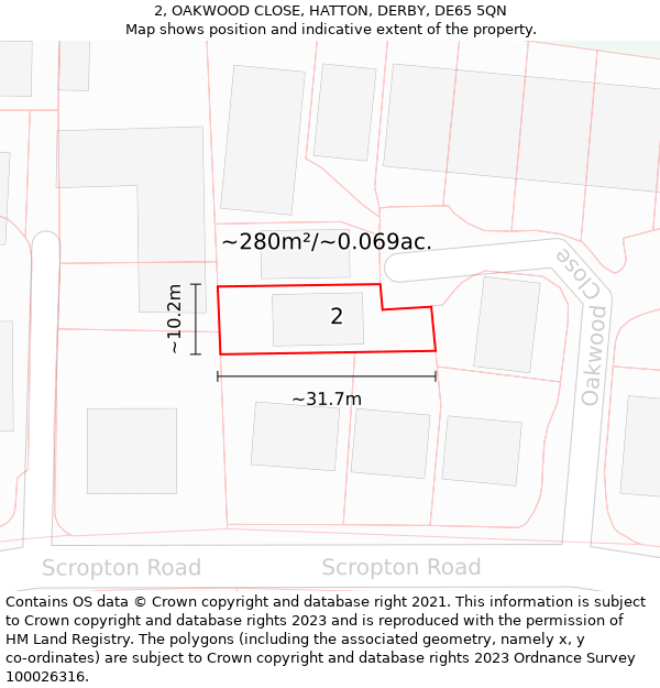 2, OAKWOOD CLOSE, HATTON, DERBY, DE65 5QN: Plot and title map