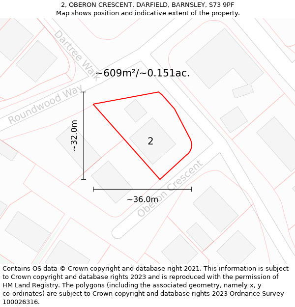 2, OBERON CRESCENT, DARFIELD, BARNSLEY, S73 9PF: Plot and title map