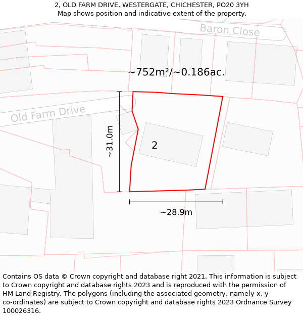 2, OLD FARM DRIVE, WESTERGATE, CHICHESTER, PO20 3YH: Plot and title map