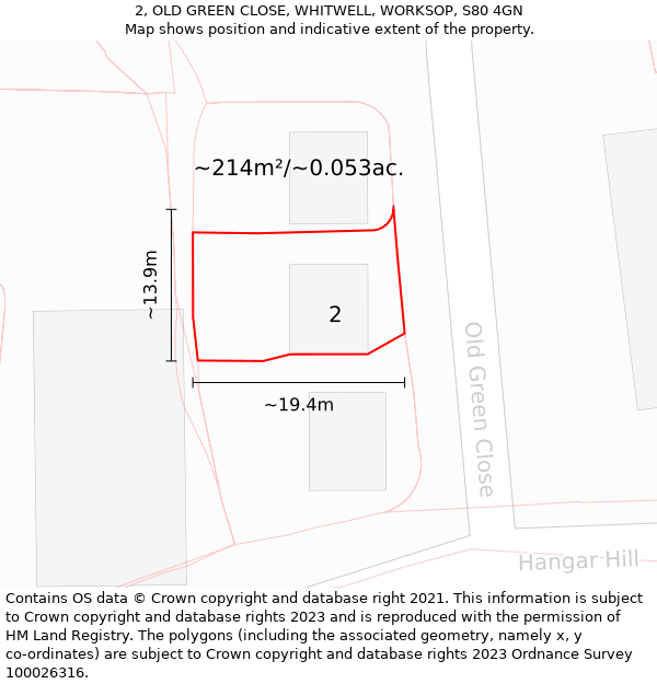 2, OLD GREEN CLOSE, WHITWELL, WORKSOP, S80 4GN: Plot and title map