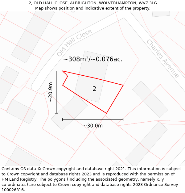 2, OLD HALL CLOSE, ALBRIGHTON, WOLVERHAMPTON, WV7 3LG: Plot and title map