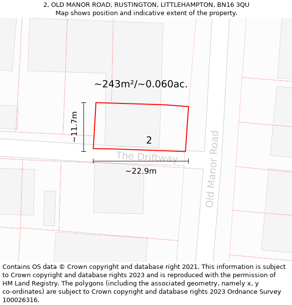 2, OLD MANOR ROAD, RUSTINGTON, LITTLEHAMPTON, BN16 3QU: Plot and title map