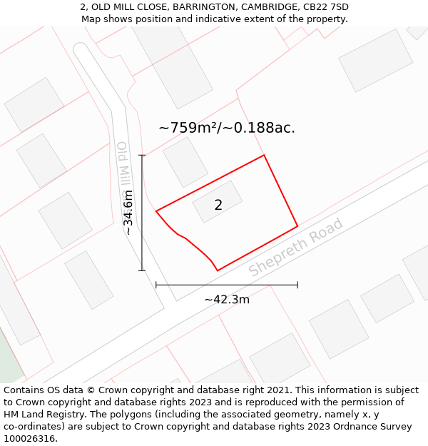 2, OLD MILL CLOSE, BARRINGTON, CAMBRIDGE, CB22 7SD: Plot and title map