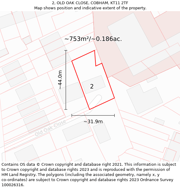 2, OLD OAK CLOSE, COBHAM, KT11 2TF: Plot and title map
