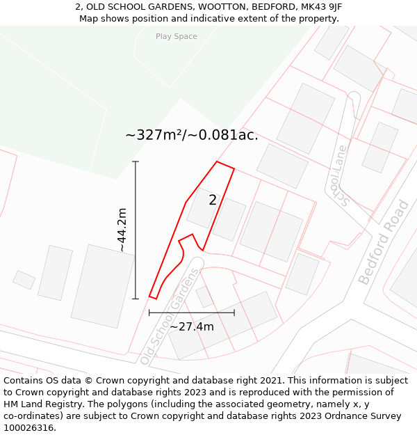 2, OLD SCHOOL GARDENS, WOOTTON, BEDFORD, MK43 9JF: Plot and title map