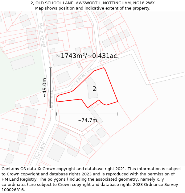 2, OLD SCHOOL LANE, AWSWORTH, NOTTINGHAM, NG16 2WX: Plot and title map